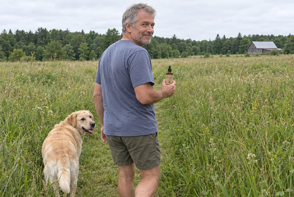 A man walking his dog through waist-high grass with a bottle of Pinemoor.