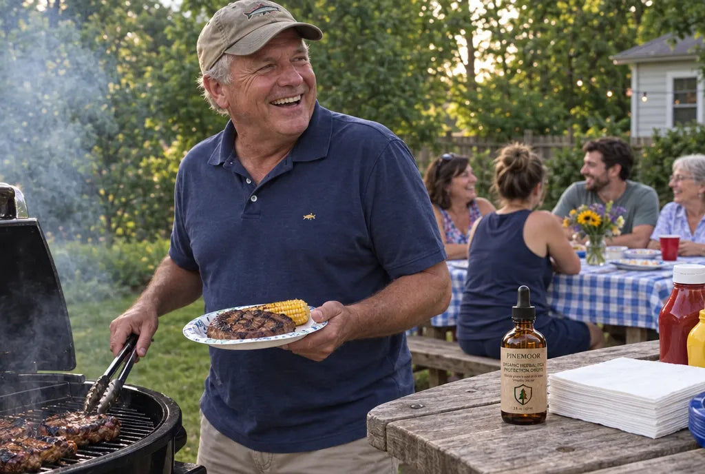 A man at a family cookout with a grilled steak and a bottle of Pinemoor on the table.