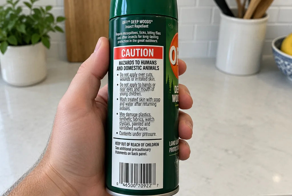 The caution label on the back of a new can of OFF! Deep Woods bug spray.