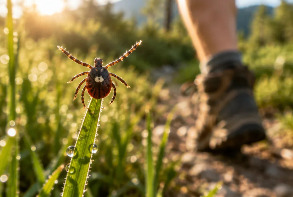 A lone star tick questing on the tip of a blade of grass, front legs outstretched, as a hiker walks past.